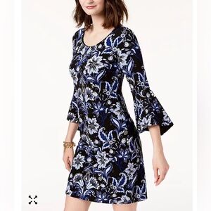 INC International Concepts Black and Blue Bell Sleeve Exotic Floral Print Dress